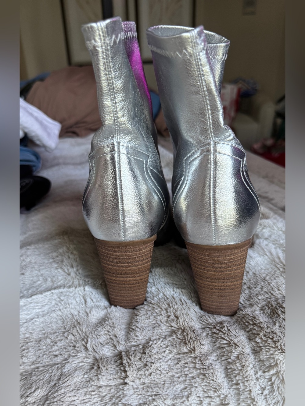 Silver Metallic Pointed-Toe Ankle Boots - Women - Picture 6 of 7
